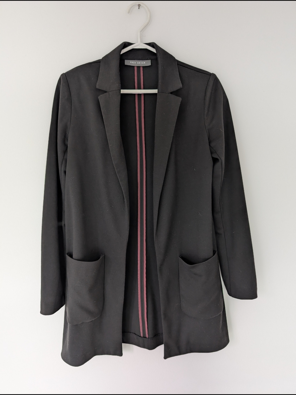 Suzy Shier - Long Tailored Blazer Jacket Open Front Black Patch Pockets - Size 4